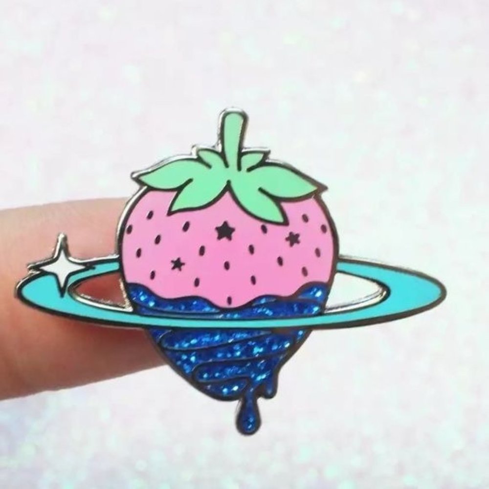 Strawberry Saturn pin enamel glitter dipped planet